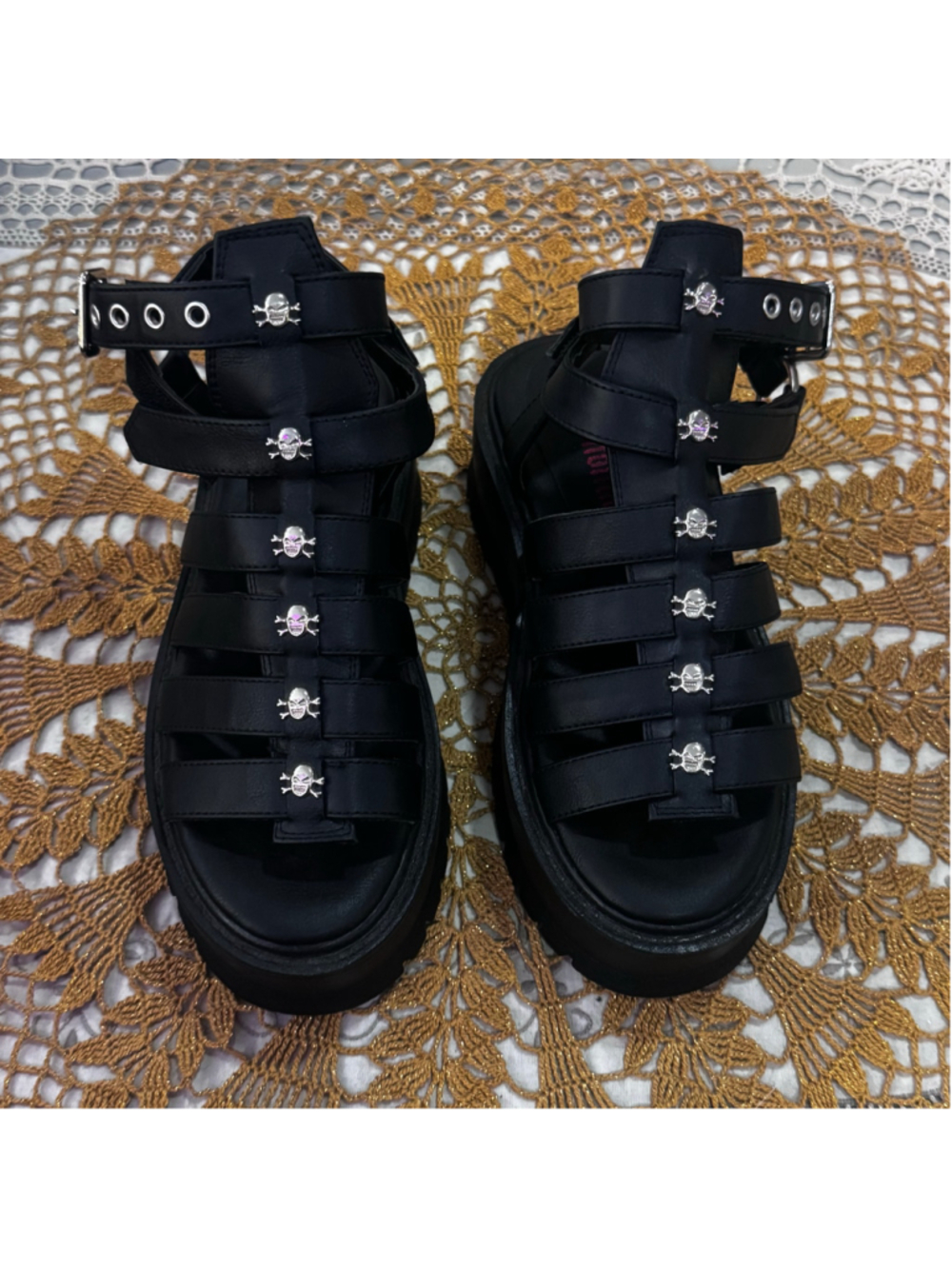 Demonia Platform Sandals, Black and Silver, Skull Detail
